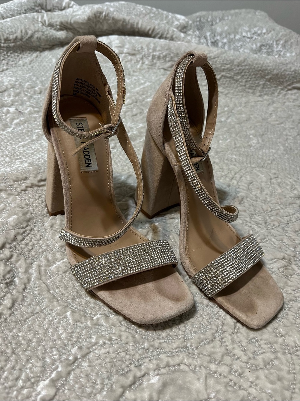 Steve Madden Blush Suede Block Heels with Rhinestone Straps. Size 7